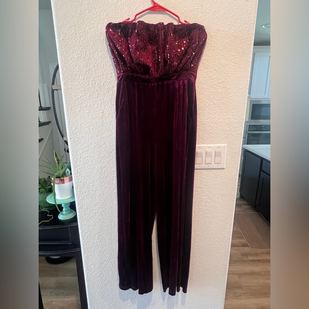 Entro Burgundy Sequin Velvet Jumpsuit
